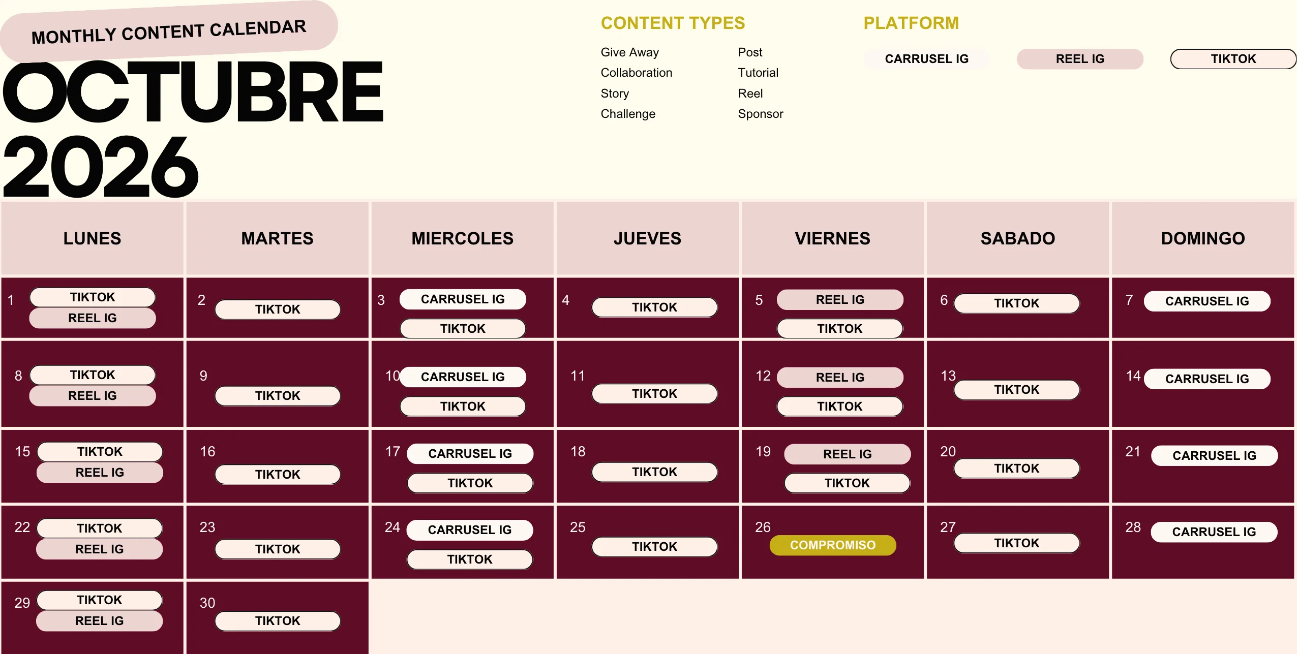 Calendario mensual de contenido de octubre 2026: carruseles y reels de Instagram y TikToks día por día