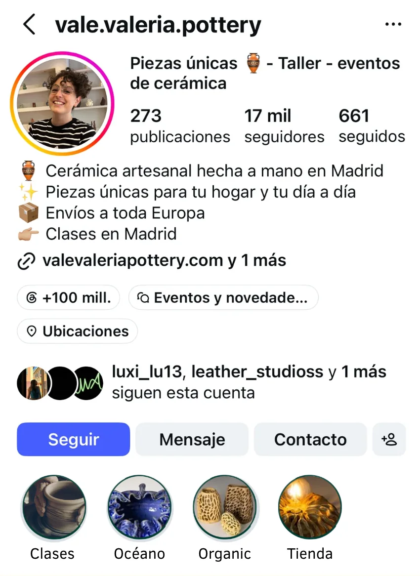 Perfil de Instagram de Valeria Pottery con los destacados Clases, Océano, Organic y Tienda